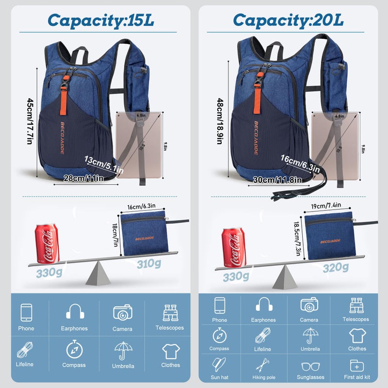 BECOJADDE 15L Small Hiking Backpack for Men Women Foldable Packable Back Pack Ultralight Hiking Daypack for Travel Camping Outdoor  Navy Blue - Image 4